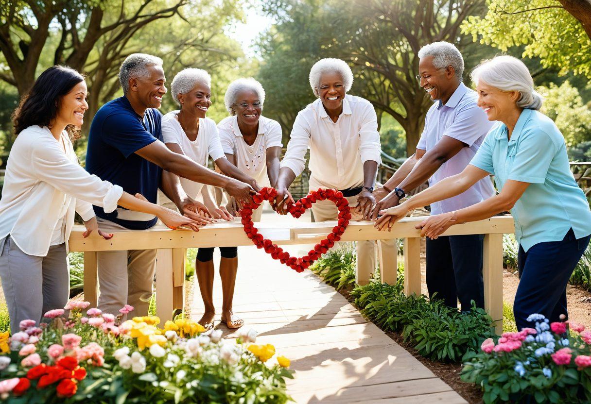 A diverse group of people of different ages and backgrounds, joyfully working together to build a large, symbolic bridge made of hearts and hands, set in a vibrant community park filled with greenery and flowers. The scene reflects warmth, connection, and collaboration, with soft sunlight casting a golden glow over the atmosphere. In the background, a healthy community is engaged in various activities promoting wellbeing. super-realistic. vibrant colors. white background.