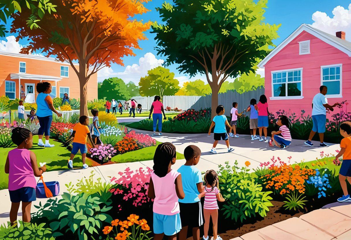 An illustrated scene depicting a diverse group of people engaged in acts of kindness within a vibrant community park. Children share toys, adults help each other with gardening, and a local artist paints a mural celebrating unity. Lush greenery surrounds them, symbolizing growth and togetherness. The sky is filled with warm, inviting colors, creating a sense of hope and compassion. vibrant colors. illustration. soft focus.