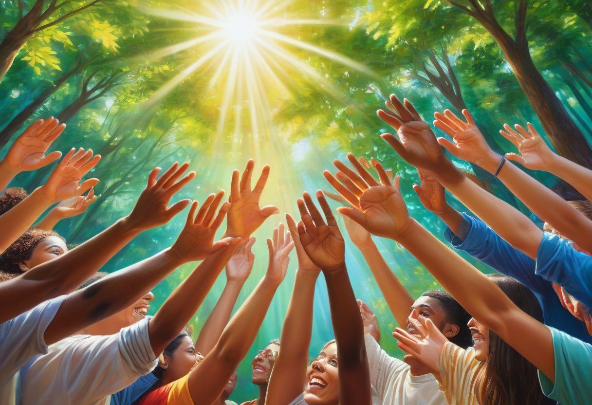 A diverse group of individuals engaged in a community outreach event, sharing smiles and helping each other, representing themes of unity and compassion. In the background, a vibrant mural depicting hands connected in various colors symbolizes support and well-being. Sunlight filters through the trees, creating a warm atmosphere of hope and connection. super-realistic. vibrant colors. 3D.